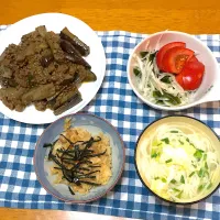 Snapdishの料理写真:肉味噌ナスと玉子にゅうめんと鶏めし|佐藤さん