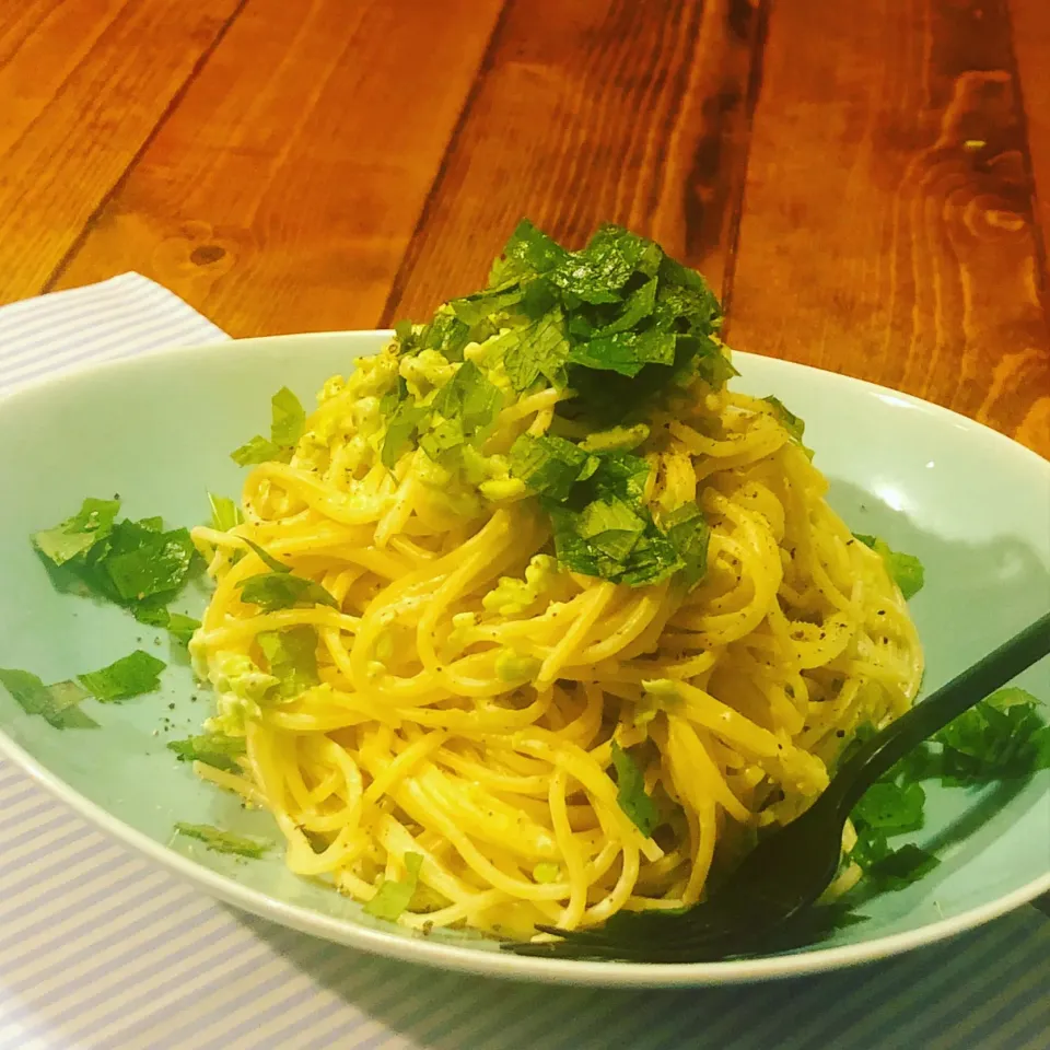 クリームチーズとずんだと大葉の和パスタ|もなかさん