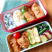 Snapdishの料理写真:JK 唐揚げ&おいなりさん弁当
 #からあげ
 #おいなりさん 
 #たまごやき 
 #ほうれんそうおひたし 
 #さつまいも甘煮|MIKIさん