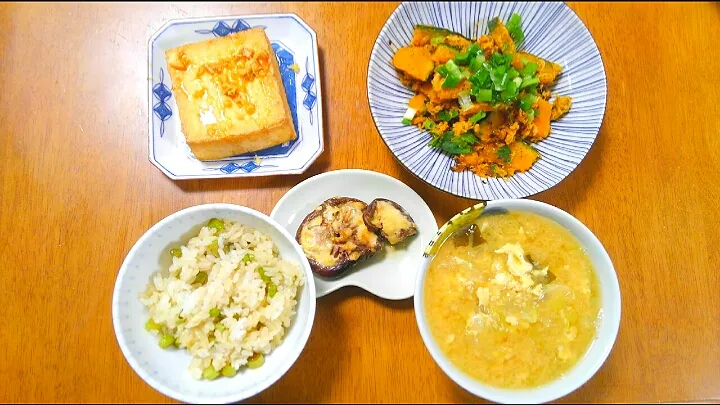 ７月１４日　アスパラご飯　焼きかぼちゃのツナしそマリネ　しいたけのにんにくマヨみそ焼き　厚揚げ　キャベツと卵のお味噌汁|いもこ。さん