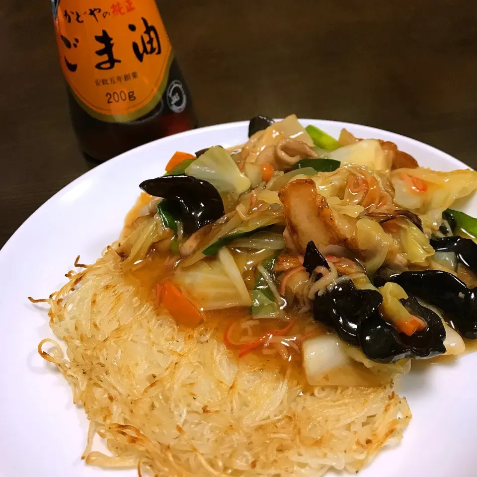 焼き素麺野菜あんかけ。ごま油で素麺を焼きあんかけにもごま油たっぷり！|MAYUKOさん