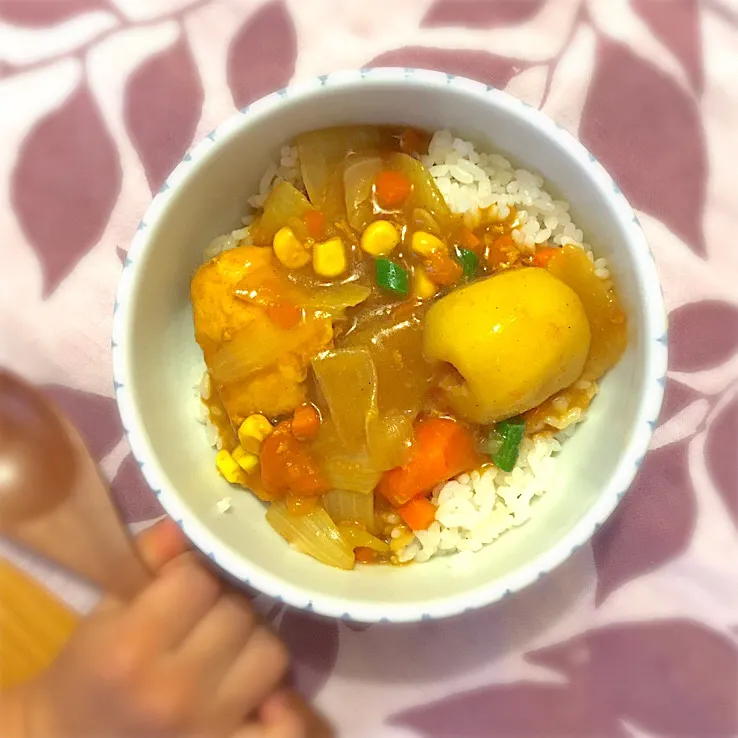 息子の手とカレー丼。晩ごはん。|しゅうとうさんさん