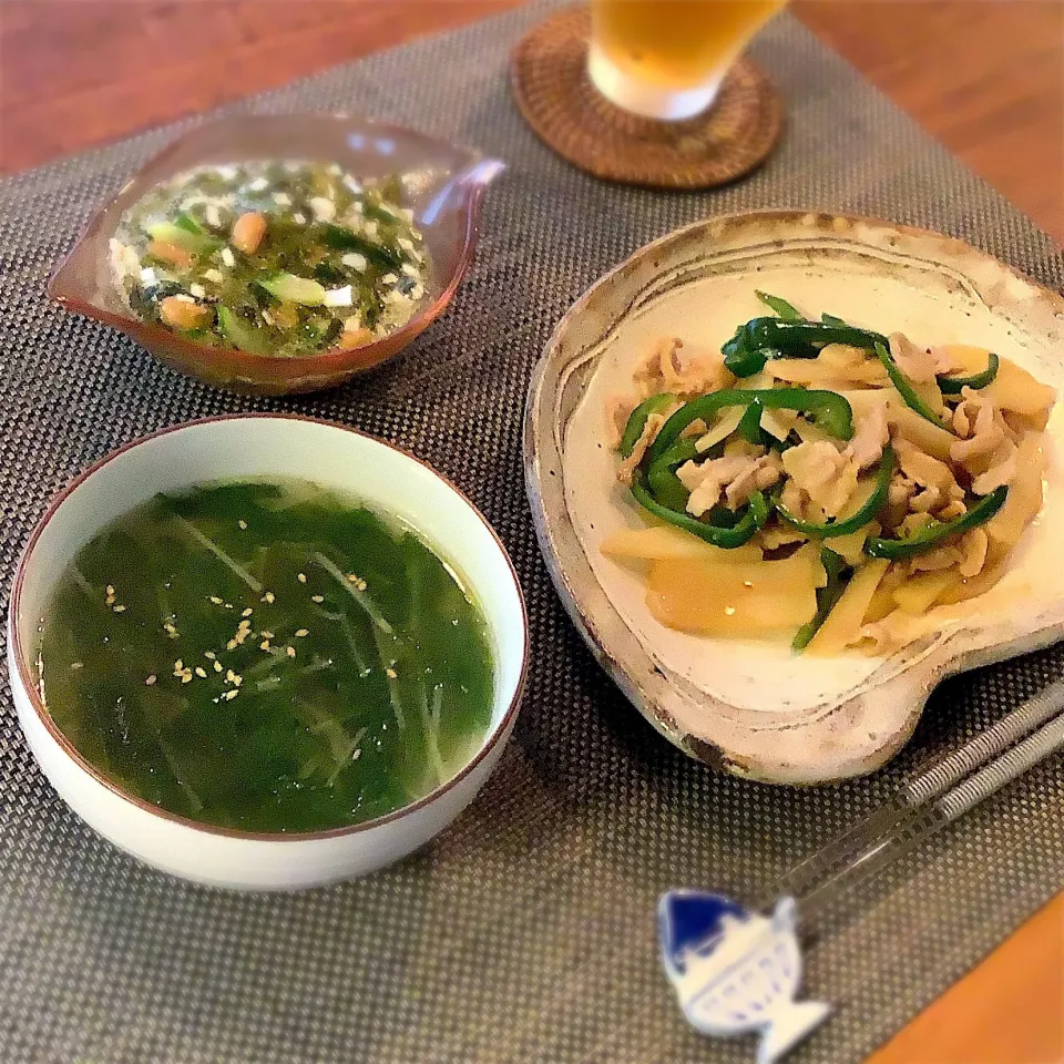 じゃがいもの青椒肉絲風
めかぶ納豆
ベーコンと水菜のスープ|𓇼 Ⓢ Ⓗ Ⓘ Ⓝ Ⓞ Ⓑ Ⓤ 𓇼さん