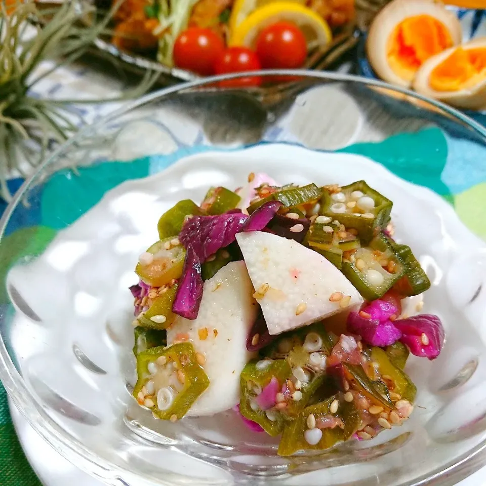 Snapdishの料理写真:chiffonさんの料理 長芋とオクラのしば漬け和え|とまと🍅さん