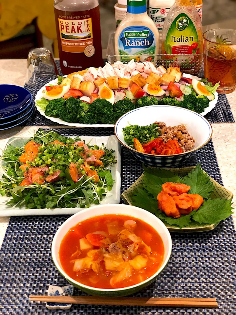 ミネストローネ！ サーモンのカルパッチョ！ 博多明太子！筋肉モリモリサラダ🥗|Mayumiさん