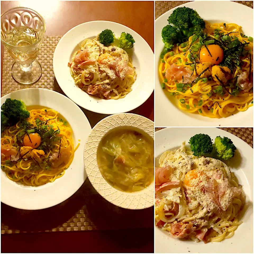 Today's Dinner🍴2種のﾊﾟｽﾀw/卵黄<しめじとﾍﾞｰｺﾝのｸﾘｰﾑﾁｰｽﾞ･雲丹ｸﾘｰﾑ>･お野菜たっぷりｺﾝｿﾒｽｰﾌﾟ|🌈Ami🍻さん