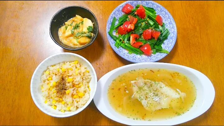 ７月１７日　とうもろこしごはん　鱈とにんにくのスープ　山芋の味噌漬け　ニラとトマトのサラダ|いもこ。さん