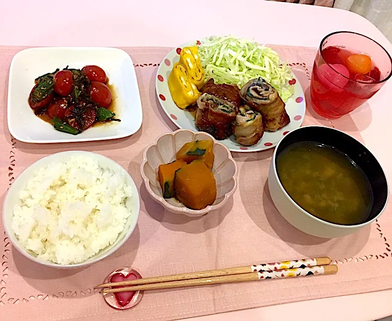 Snapdishの料理写真:#茄子とチーズと大葉の肉巻き #はちみつ入り卵焼き#かぼちゃの煮物#トマトとおくらの塩昆布和え|naomiさん