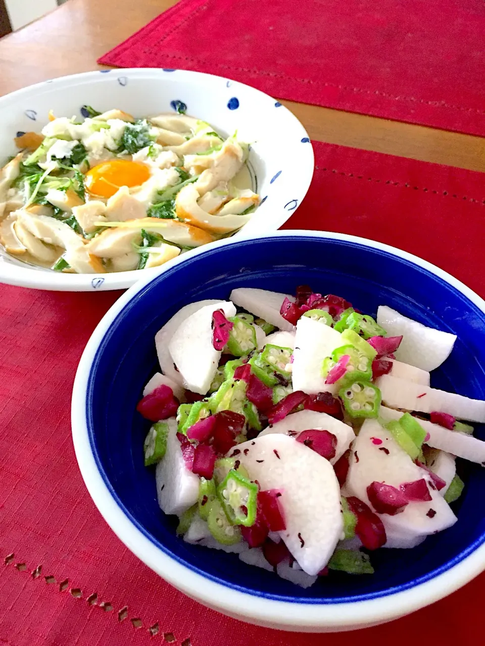 シフォンさんの長芋とオクラのしば漬けあえ🍀水菜とちくわの落とし卵🍳|おかちさん