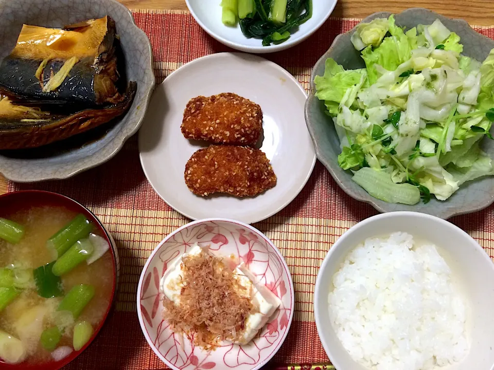 Snapdishの料理写真:2019/07/23 (fresco)手づくりサバ煮付け&ササミカツ、キャベツと豆苗しそ海苔あえ、長野の野沢菜|kykyさん