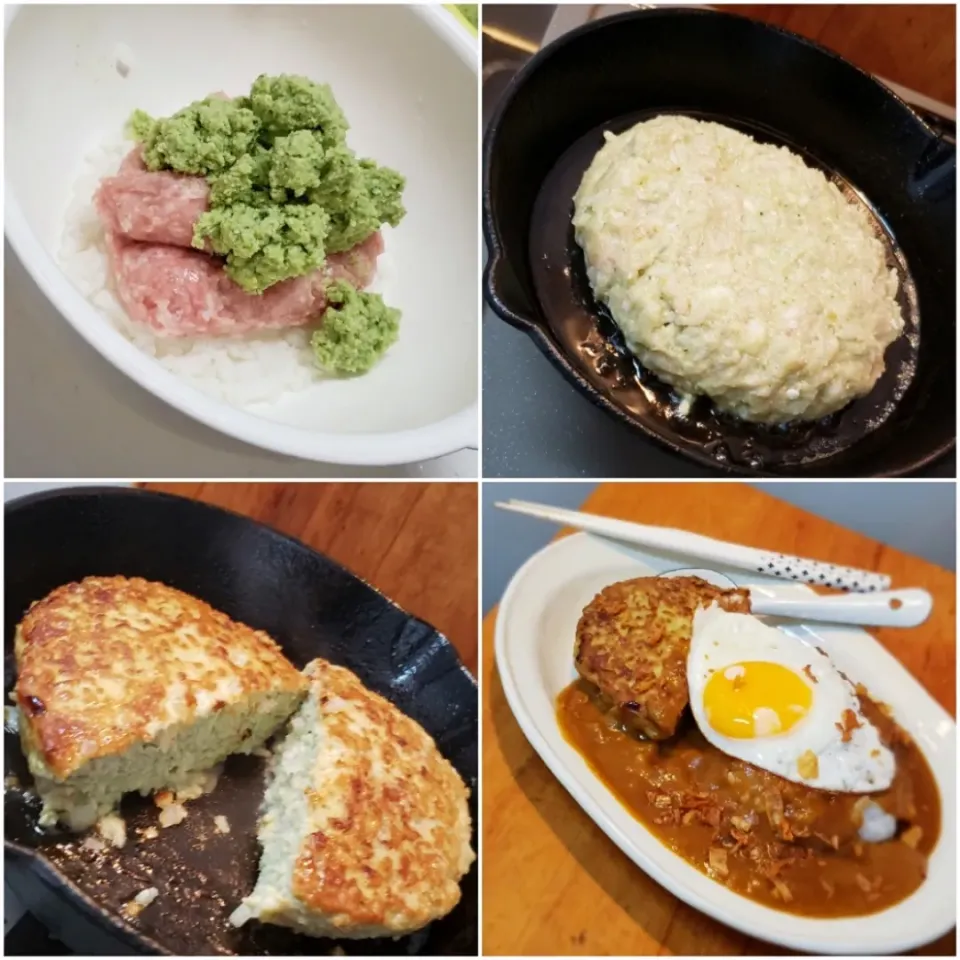 Snapdishの料理写真:ほうれん草ペースト入りおからパウダーで嵩ましチキンハンバーグ♪|mi_neneco♪さん