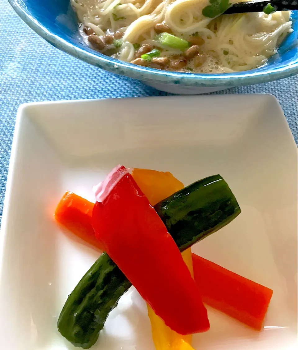 パプリカマリネと納豆卵和えそうめんで昼ごはん|シュトママさん