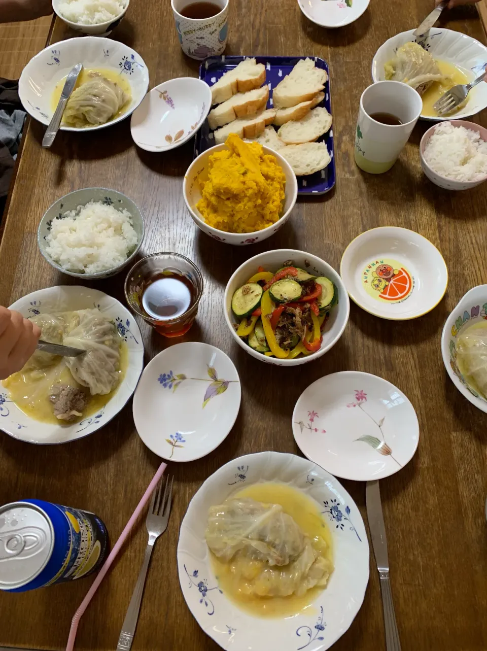 ロールキャベツ・かぼちゃサラダ・ズッキーニ、パプリカ、ツナ炒め・ご飯|ちびろ菌さん