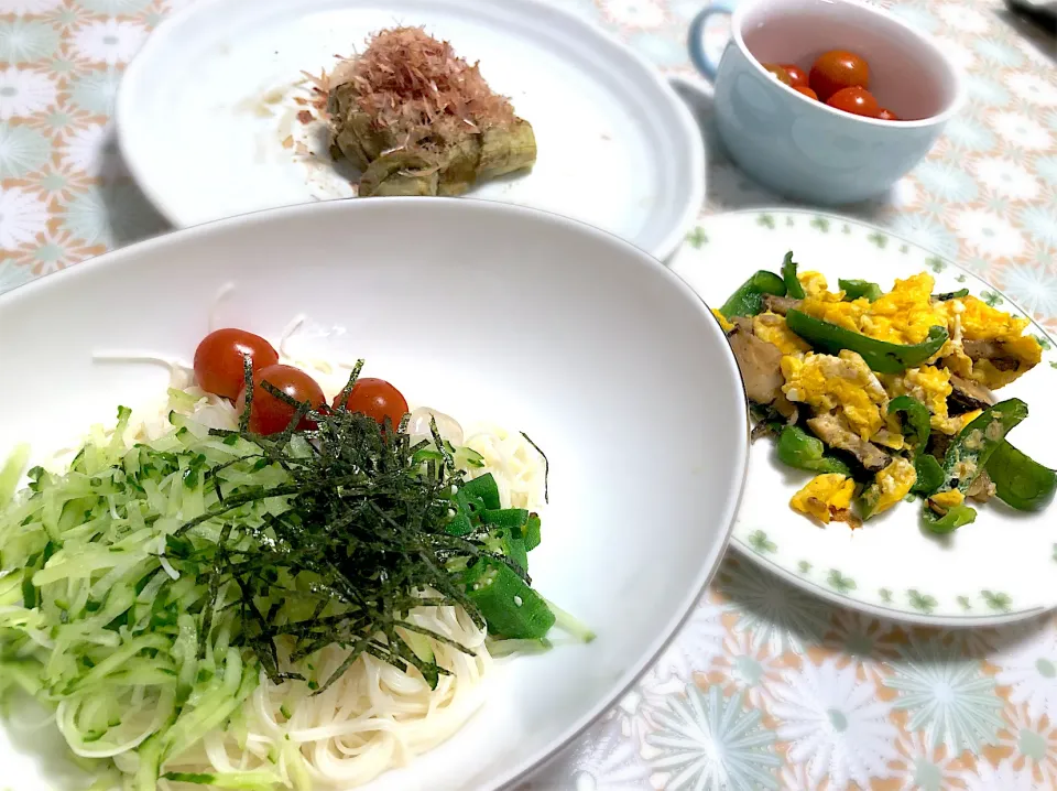 そうめん、卵と夏野菜のオイスターソース炒め、焼きなす|FKTMPさん