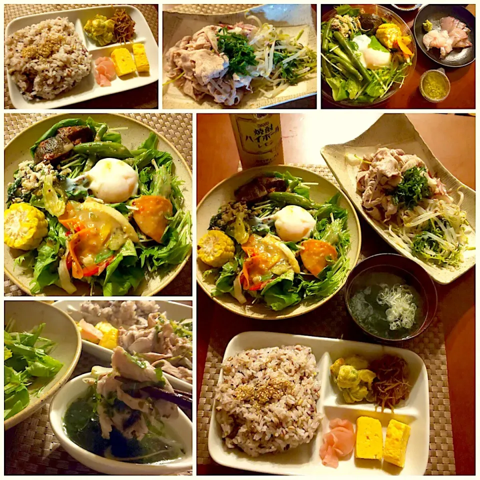 Snapdishの料理写真:Today's Dinner🍴お野菜たっぷりｻﾗﾀﾞ･豚しゃぶw/もやし&豆苗･青海苔のお吸い物仕立て･16穀米&空豆の天麩羅･卵焼き･金平ごぼう|🌈Ami🍻さん