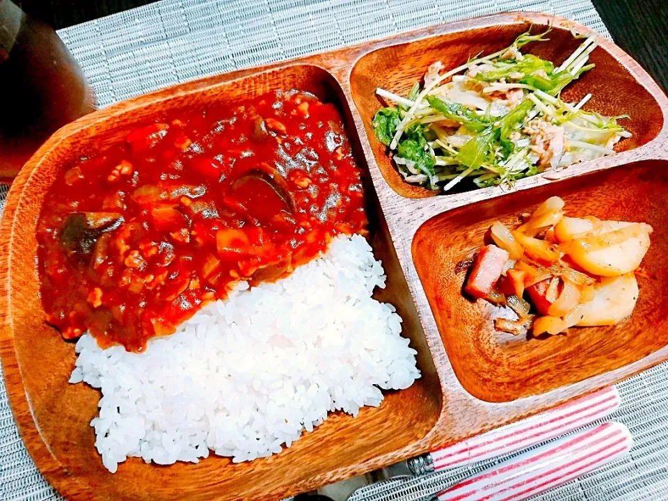 ナスとひき肉のトマトカレー、水菜とツナのサラダ、ジャーマンポテト|サトリさん