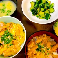 ふわとろたまごの親子丼、卵スープ、きゅうりのごま油和え|momoさん