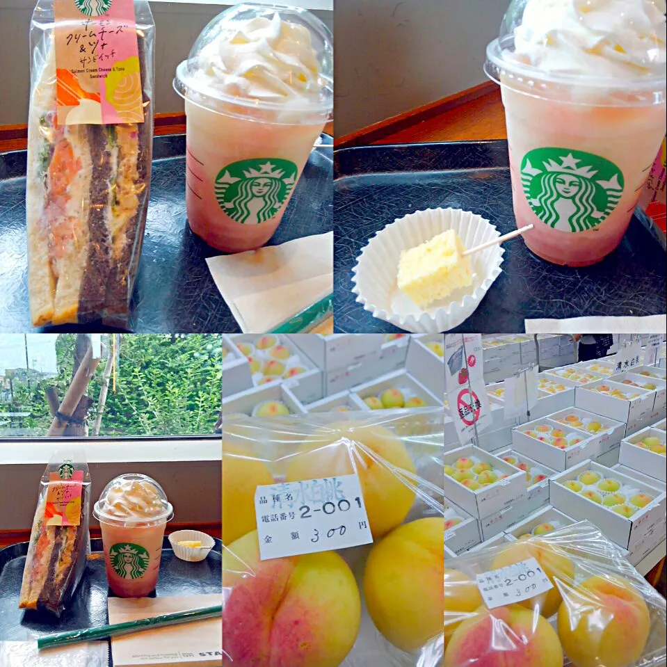 Snapdishの料理写真:スタバのピーチオンザビーチとサーモンクリームチーズ＆ツナサンドイッチ🍑青空市場で清水白桃|うたかた。さん