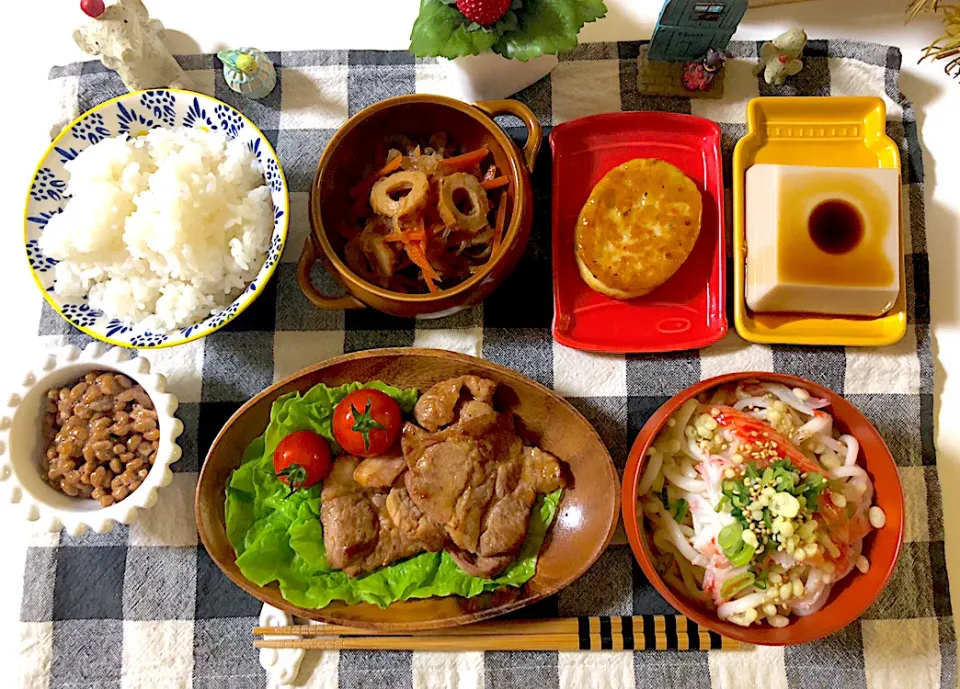 Snapdishの料理写真:焼肉、ごま豆腐、ぶっかけうどん、豆腐ハンバーグ、切り干し大根の煮物、納豆|syamさん