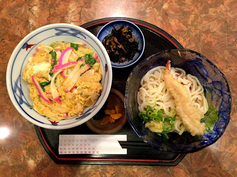 Snapdishの料理写真:おすすめ定食(木の葉丼とエビ天ぶっかけうどん)|ばーさんさん