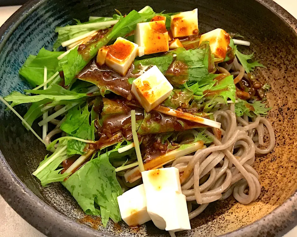 移動中時間節約ランチ🍜某立食い蕎麦屋さんで冷やし麻婆蕎麦なるものを発見したので注文🌶ささやかにポップ・ステップ・玉砕した気分ですわ🤣|にゃあ（芸名）さん