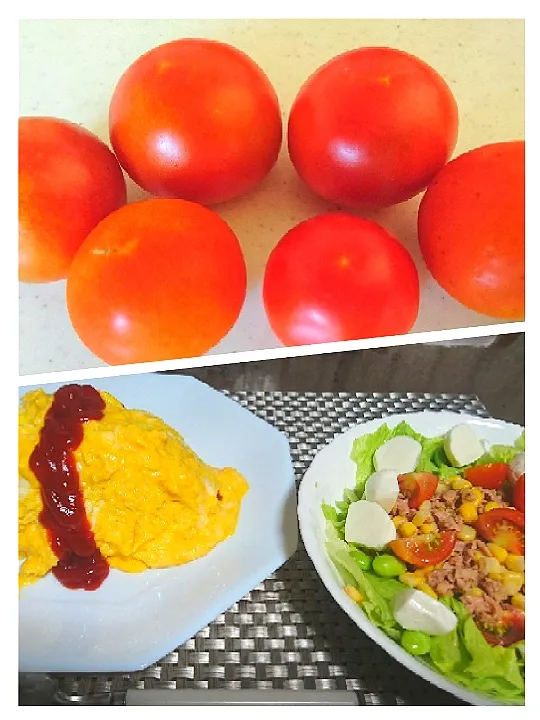 家庭菜園のトマト🍅
ふわとろオムライス🎵
サラダ🥗
  休肝日☺|bisenさん