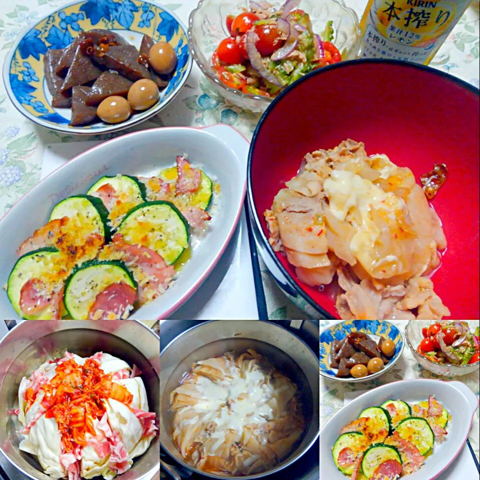 春じゃないけどキャベツの丸ごと煮 ☆ゴーヤーの彩りサラダ☆蒟蒻とうずら卵ののピリ辛煮☆ズッキーニとベーコンのオーブン焼き☆レモンチューハイ|うたかた。さん