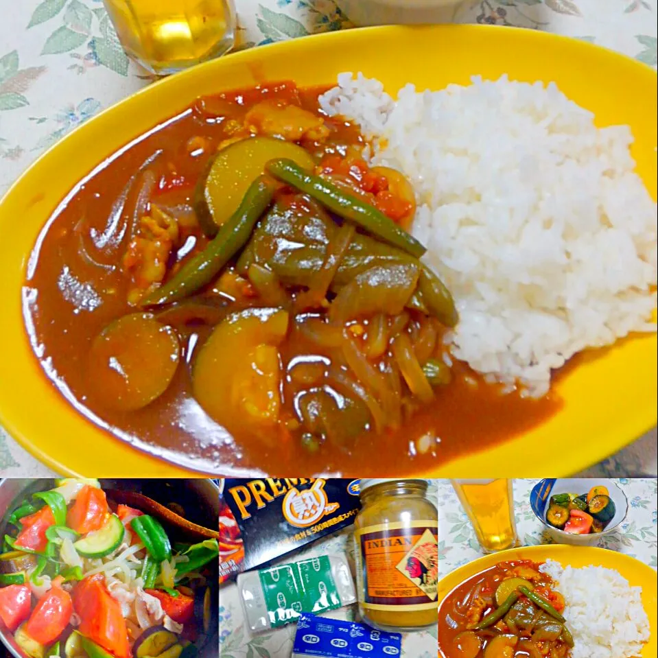 夏野菜消費に夏野菜カレー🍆🍅🍛ナス、ズッキーニ、トマト、いんげん、ピーマン、玉ねぎ、豚バラ　ルーと粉使用|うたかた。さん