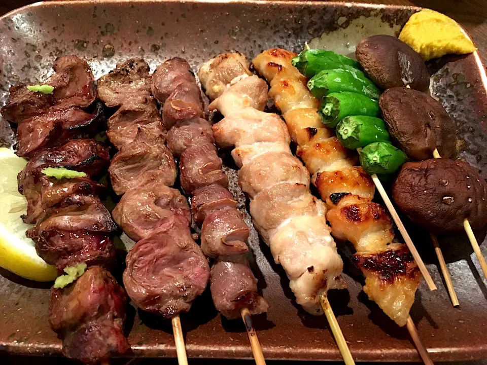 Snapdishの料理写真:大山串焼き盛合せ（鶏肉5種・野菜2種）|ゆうじ.さん