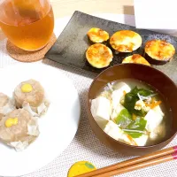 Snapdishの料理写真:#茄子味噌チーズ#焼売#なんだか懐かしいかきたま汁|eriさん