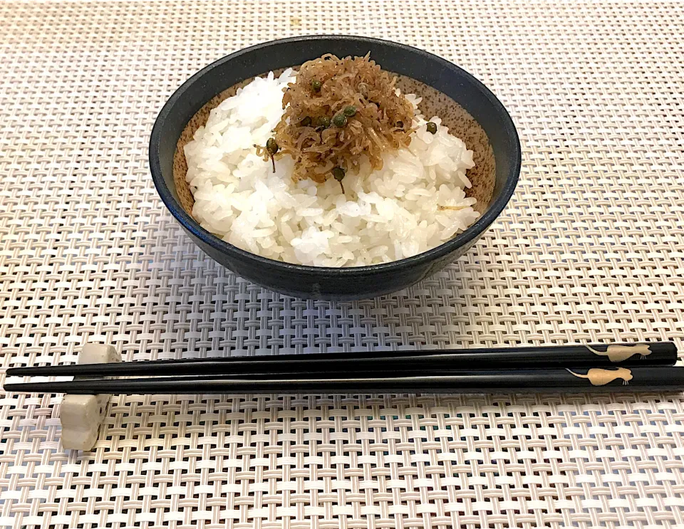 先日作ったちりめん山椒をご飯の上に乗せただけの粗食ブランチ🍚|にゃあ（芸名）さん