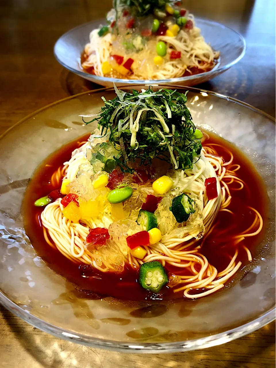 トマトつゆの素麺 〜夏野菜のキラキラゼリー添え〜|いく❤️さん