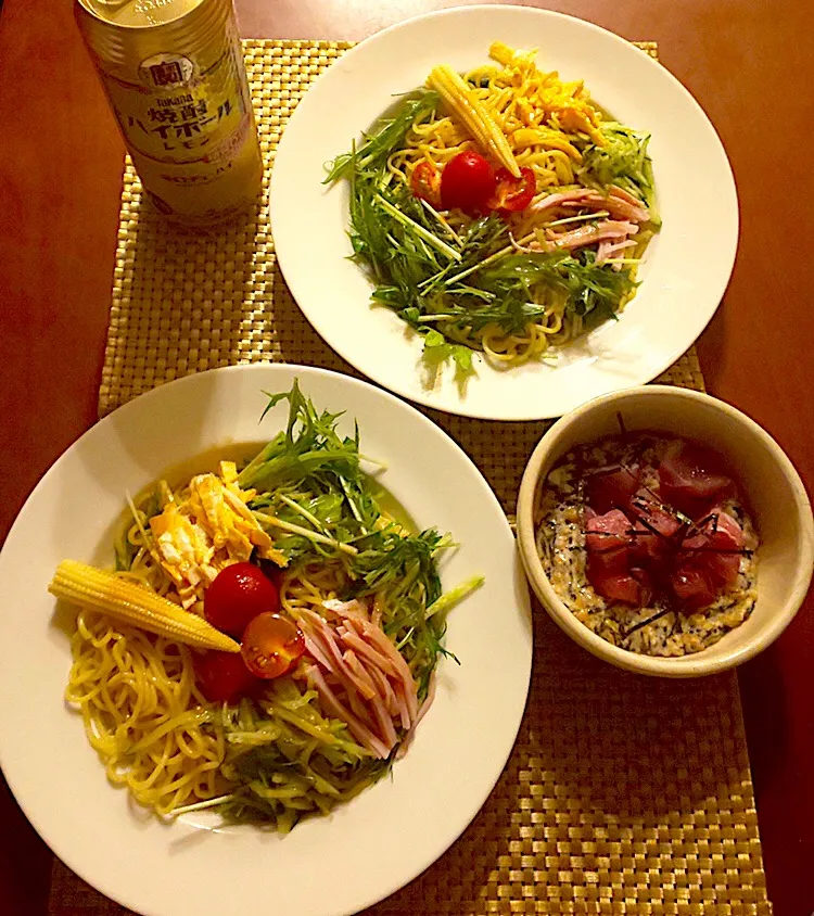 Today's Dinner🍴胡麻ﾀﾞﾚ冷やし中華･ぎばさ,大和芋,ひき割り納豆&鮪ぶつ切り|🌈Ami🍻さん