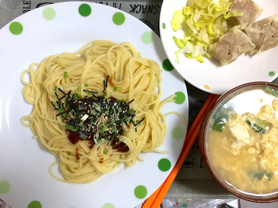 肉味噌パスタとニラ玉汁としゅうまい|あんこさん