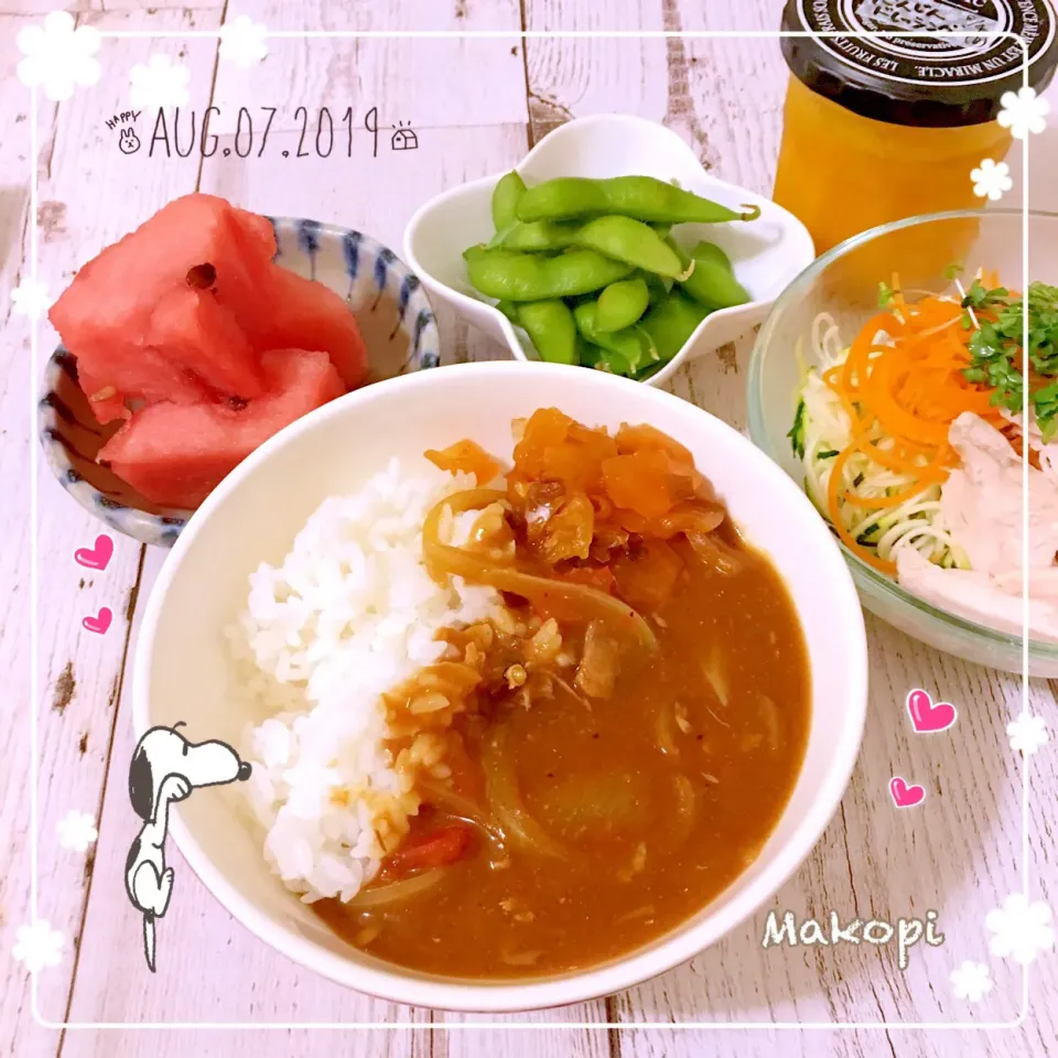 Snapdishの料理写真:山本ゆりさんのレンジで1発♡サバトマトカレー (^^)v♪  #夏に嬉しい♡鍋を使わない#早旨カレー#ベジヌードルサラダ🍝#自家製人参ドレッシング🥕#枝豆#すいか🍉|まこぴ～♪さん