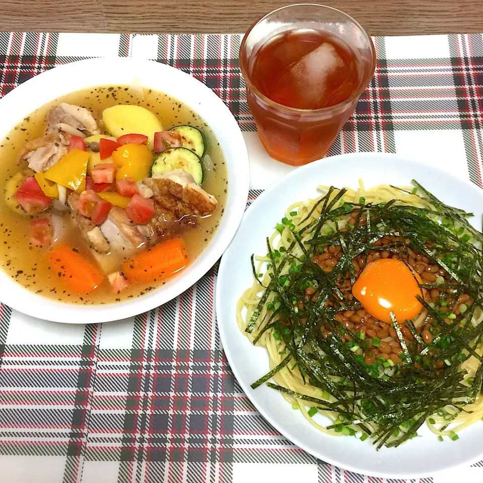 納豆スパゲティとチキンのコンソメ煮|まみっこさん