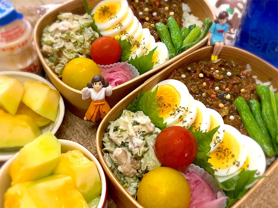 夏野菜てんこもりドライカレー🍛&茹で玉子&インゲン素揚げ&ゴーヤとサバのサラダ&紫玉ねぎのマリネ&大葉&プチトマト🍅&メロン🍈の夫婦お弁当♪|桃実さん