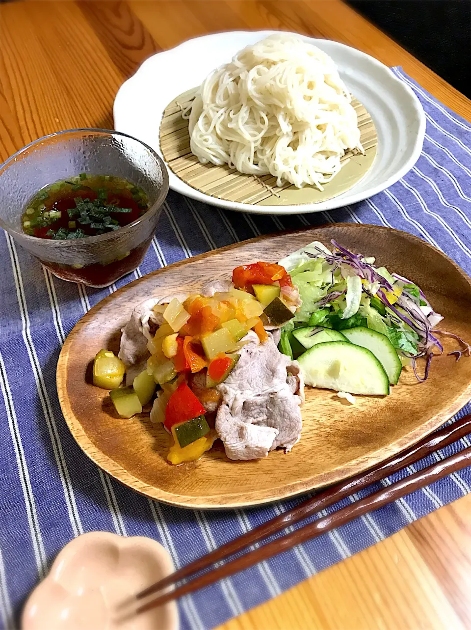 冷しゃぶサラダラタトゥイユソース、そうめん|sayaさん