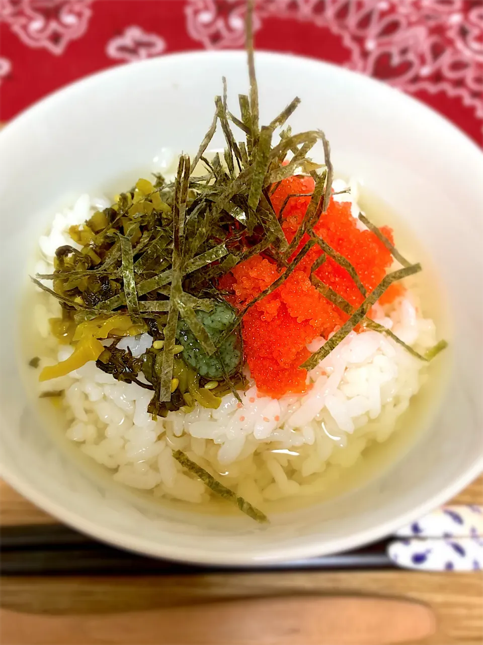 今日の夕飯☆高菜とタラコの冷たい出汁茶漬け|琥珀さん