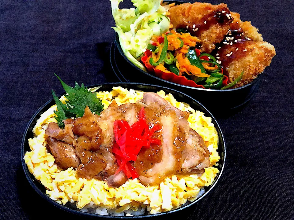 8／12昼食 #弁当  •鶏照り焼き丼 •白身魚フライ/コールスローサラダ/ピーマンと人参の味噌炒め|おさんどんさん