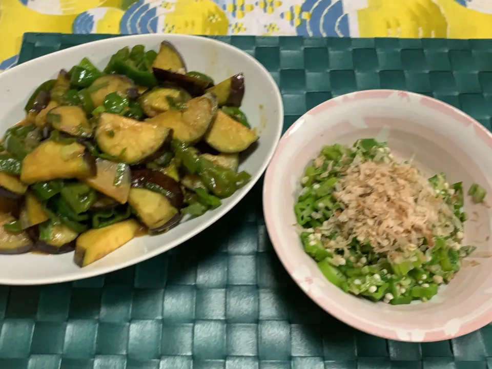 なすとピーマンの味噌炒め、オクラおかか和え|peanutsさん