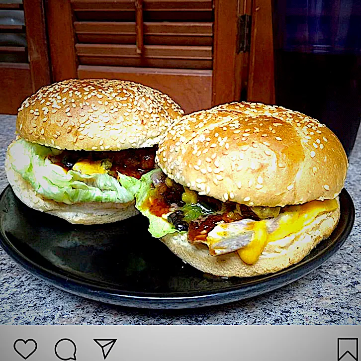 Snapdishの料理写真:American Beef Burger, With Provolone, Sharp Cheddar, Garlic, Onion, Lettuce, Tomato, A1 on Toasted Sesame Seed Bun|Michaels Culinary Adventuresさん