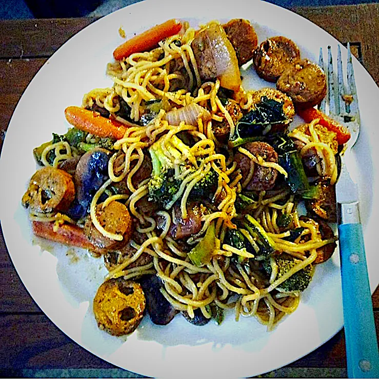 Snapdishの料理写真:Yaki Soba With Chicken, Sausage, Broccoli, Carrots, and Kale|Michaels Culinary Adventuresさん