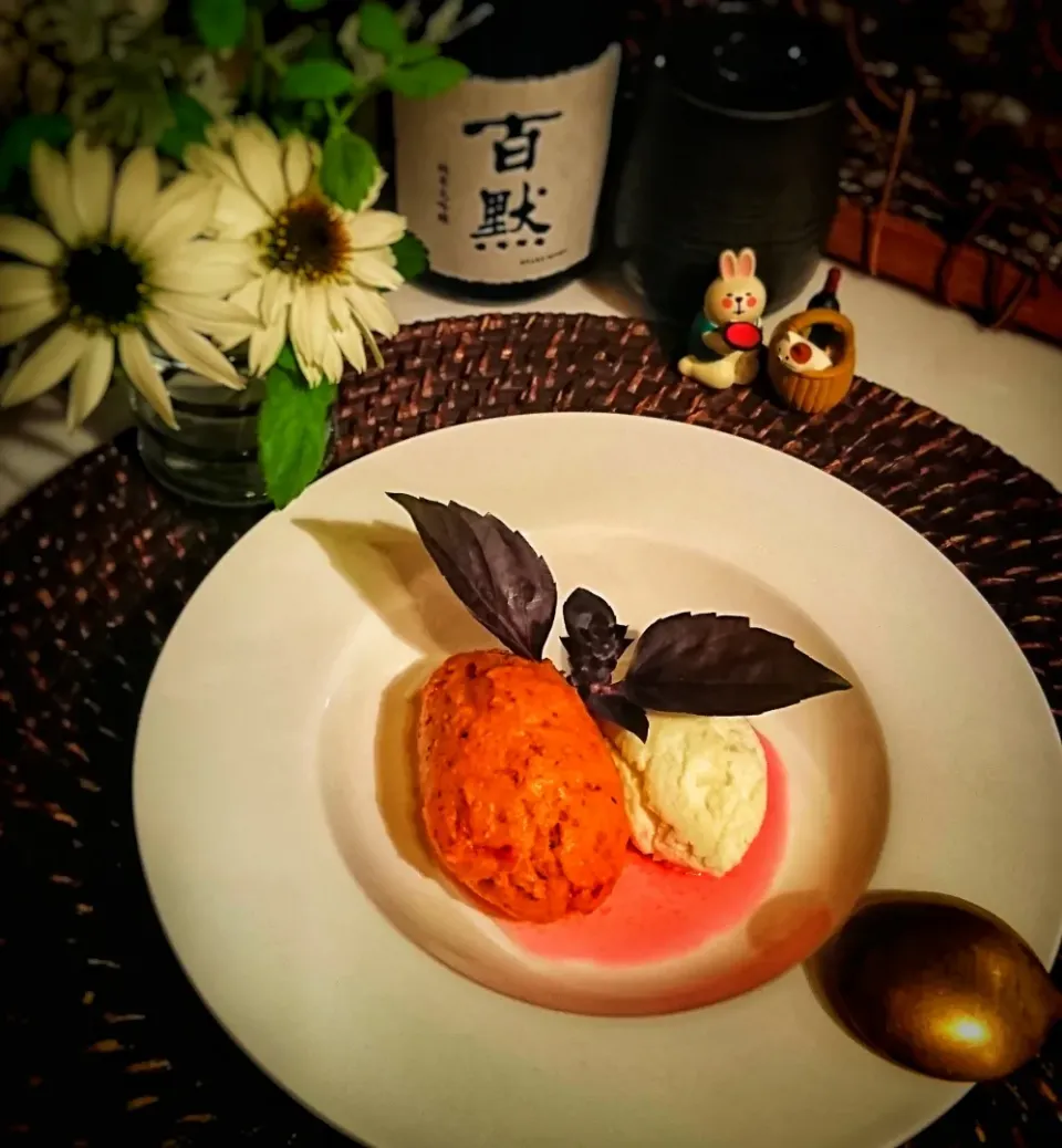 🍅ガスパチョソルベ
🧀ストラッチャテッラ&🌿レッドルビンバジル酢仕立て|jusさん