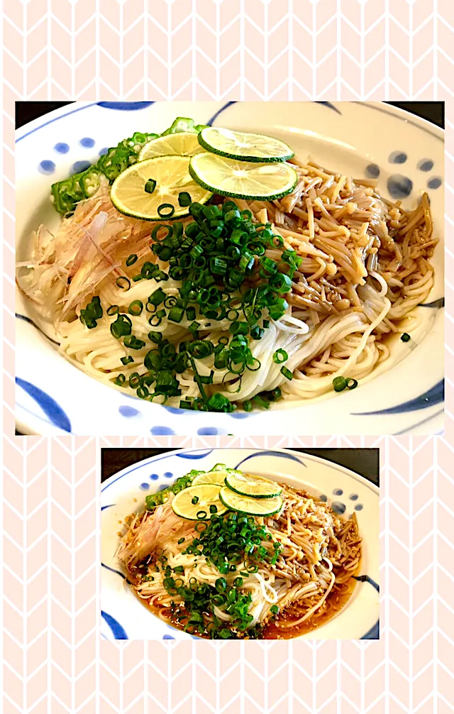 Snapdishの料理写真:手作りなめ茸のぶっかけ素麺                         #麺好き男のランチ                                          ・TVメニュー|mottomoさん