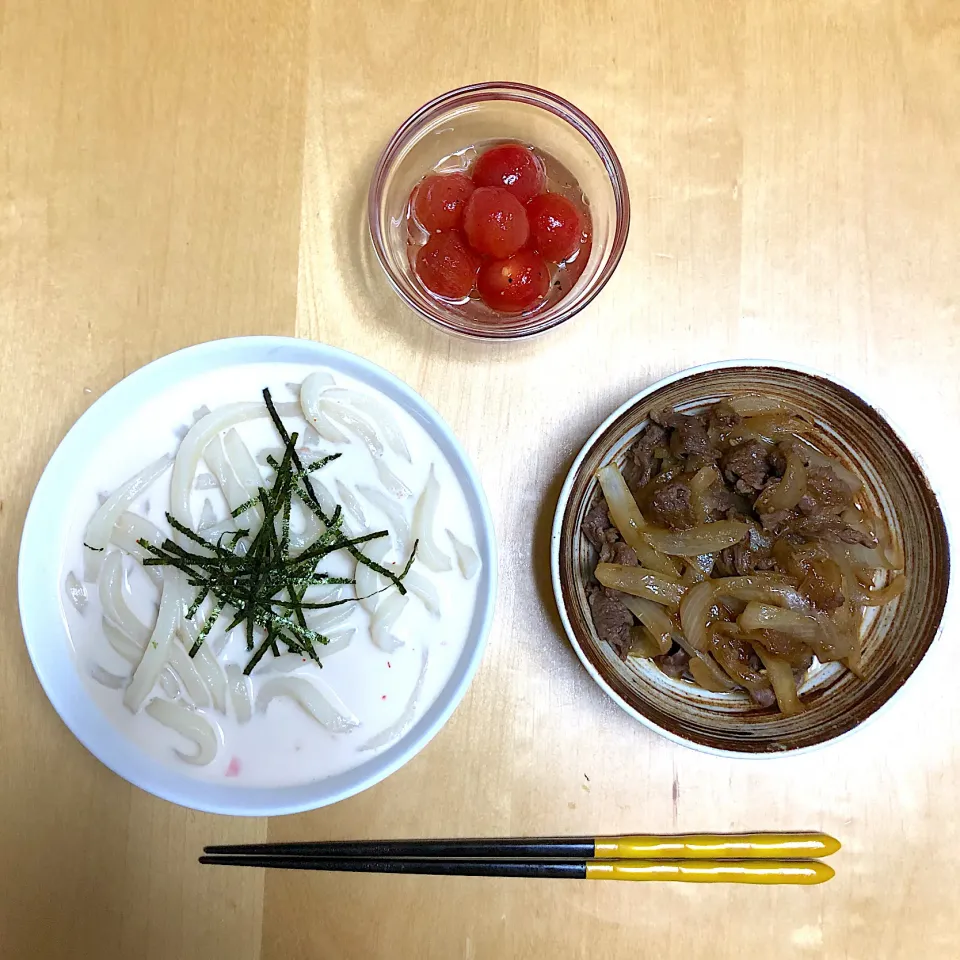 明太子うどん、ミニトマトマリネ、牛肉炒め|Rioさん