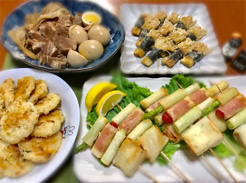 Snapdishの料理写真:春巻き串、チヂミご飯、豚の角煮、えのきの海苔巻き揚げ😻💕|バシュランさん