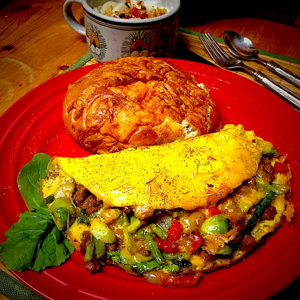 Snapdishの料理写真:Egg & Cheese Omelette; Sharp Cheddar, Mozzarella, Onion, Red Peppers, Habanero Peppers, Asparagus, Brussel Sprouts, Garlic, Spinach, &Kale; Served With Asiago C|Michaels Culinary Adventuresさん