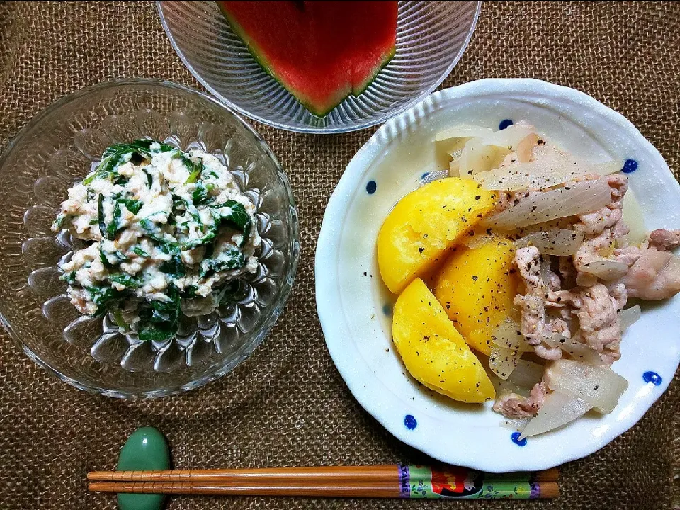 塩麹肉じゃがとモロヘイヤのツナ味噌マヨ白和え|真希さん