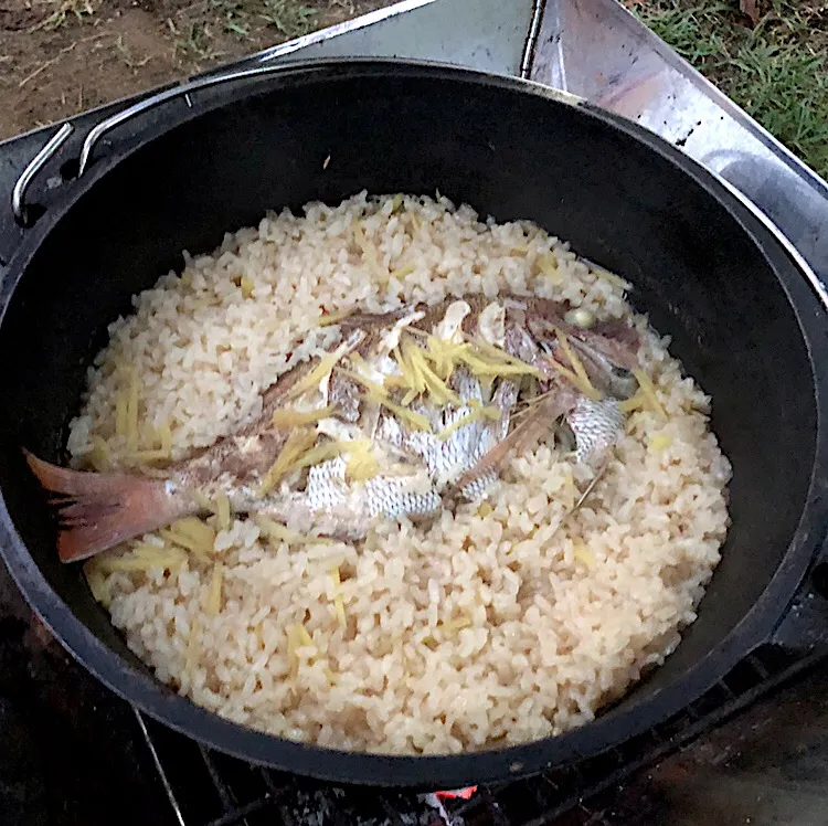 Snapdishの料理写真:キャンプ飯 ダッチオーブンde鯛めし🐟|いしくん。（たまご王子🥚🐣🐥🐔）さん